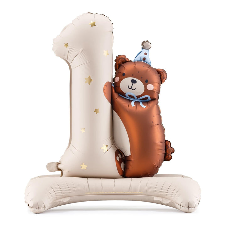Number 1 Teddy Bear Foil Balloon - 1st Birthday Standing Balloon - Bearly Wait Theme Decor - Air Fill First Birthday Prop - 81x72cm - Jolie Fete UK