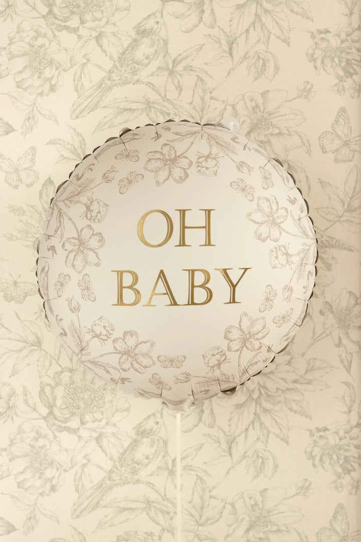Oh Baby Balloon - Cream, Gold & Floral Round Foil Baby Shower Balloon - Air or Helium - Jolie Fete UK
