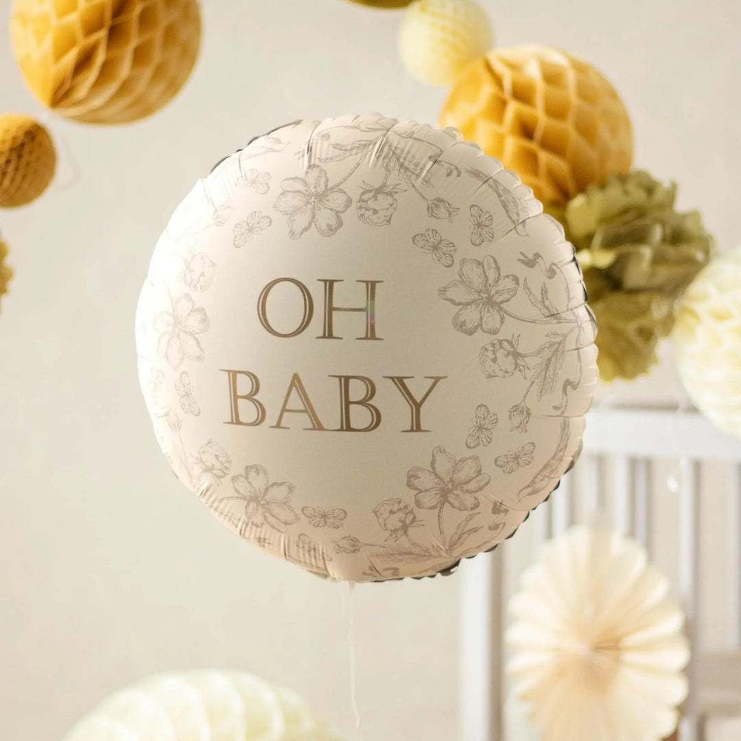 Oh Baby Balloon - Cream, Gold & Floral Round Foil Baby Shower Balloon - Air or Helium - Jolie Fete UK