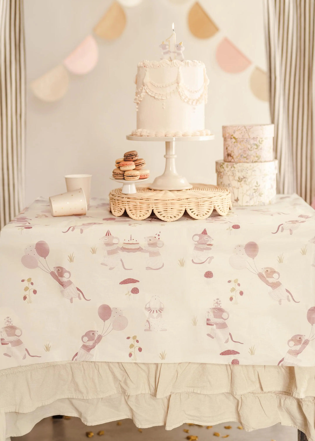 Mouse Paper Table Cover - One Little Mouse 1st Birthday Party Tablecloth - Mice Party Table Decorations - Neutral Table Decor - 180x120cm - Jolie Fete UK