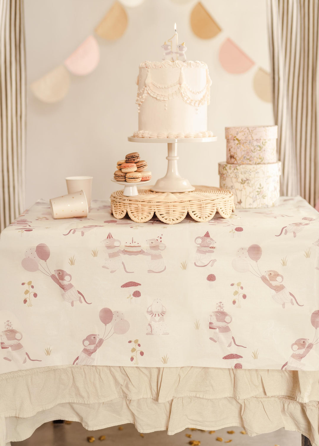 Mouse Paper Table Cover - One Little Mouse 1st Birthday Party Tablecloth - Mice Party Table Decorations - Neutral Table Decor - 180x120cm - Jolie Fete UK