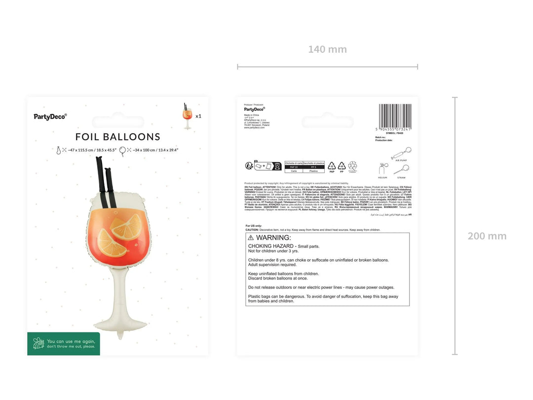 Aperol Spritz Foil Balloon - Orange Cocktail Party Decor - Summer Hen Party Decoration - 100cm Large Drink Balloon - Garden BBQ Supplies - Jolie Fete UK