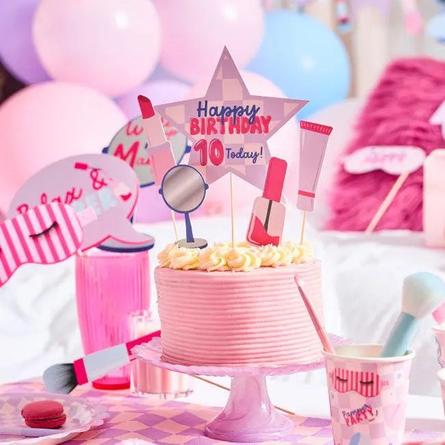 Pamper Party Happy Birthday Cake Topper Set - Customisable Sleepover Party Card Cake Decoration - Spa Themed Birthday - Add Any Age -Make Up - Jolie Fete UK