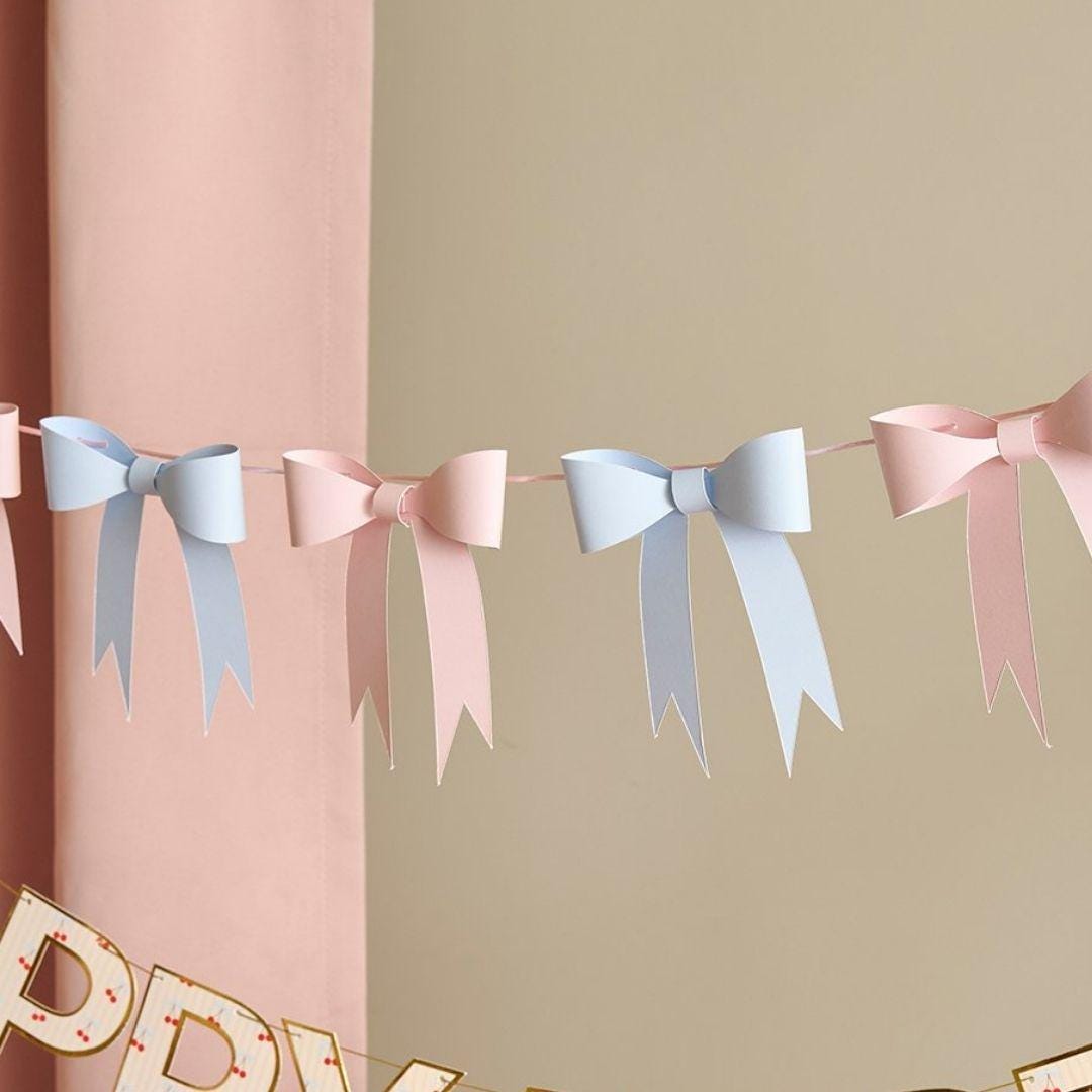 Paper Bow Garland - Pink and Blue 3D Bow Bunting - Vintage Coquette Party Decorations - Pastel Garland Kit - 2.5m Hanging Banner - Jolie Fete UK