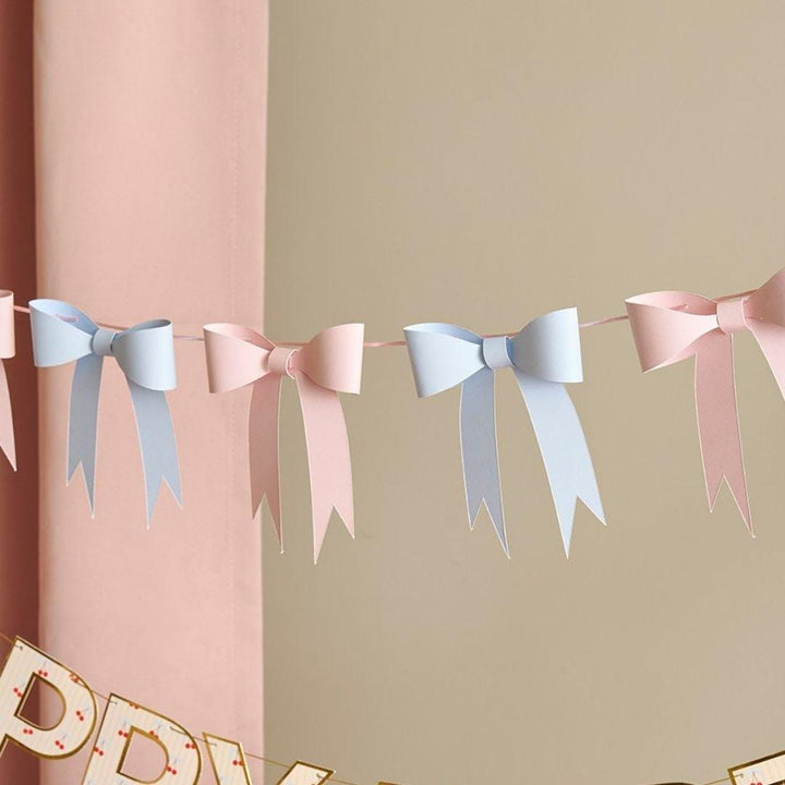 Paper Bow Garland - Pink and Blue 3D Bow Bunting - Vintage Coquette Party Decorations - Pastel Garland Kit - 2.5m Hanging Banner - Jolie Fete UK