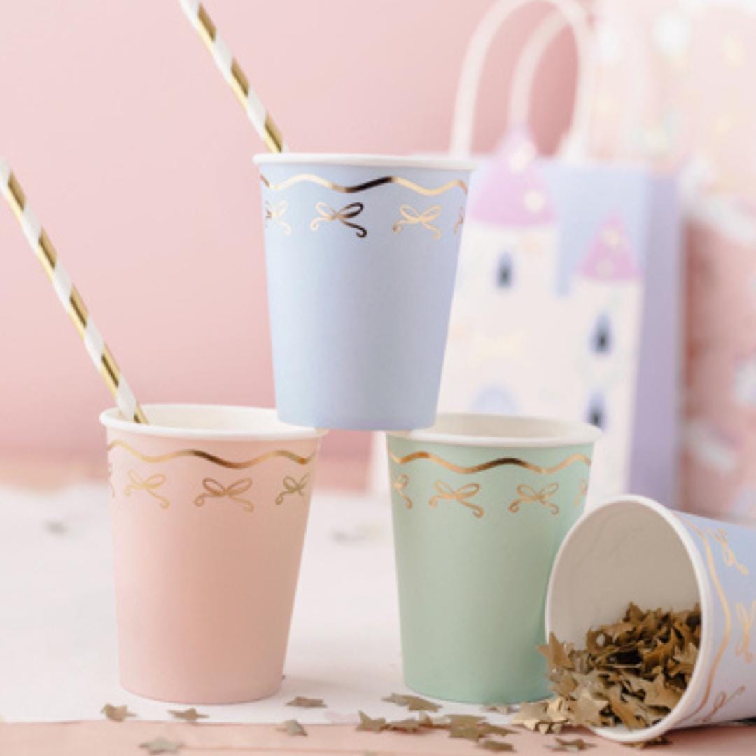 Paper Cups With Gold Bows - Pastel Blue, Pink & Green Party Cups - Coquette Party Decor -Unicorn Birthday Decorations-Unicorn Party Supplies - Jolie Fete UK