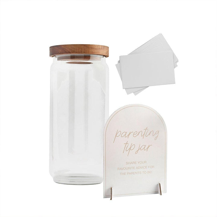 Parenting Tip Jar and Sign - Baby Shower Advice Cards - Neutral Beige and Cream - Glass and Wood - Guest Book Alternative - Keepsake Jar - Jolie Fete UK
