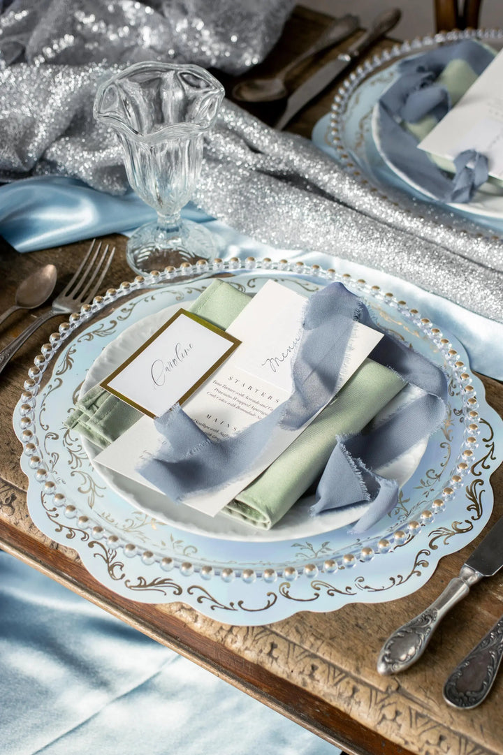 Pastel Blue Place Mats - Paper Blue & Gold Disposable Table Mats - Light Blue Birthday Party Tableware And Decorations - Pack of 6 - Jolie Fete UK