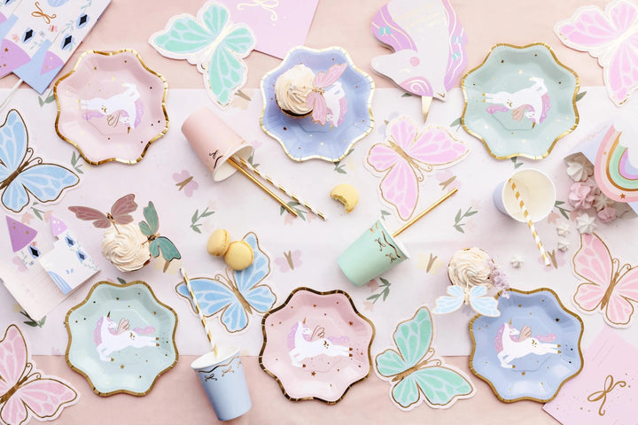 Unicorn Plates - Pastel Unicorn Paper Plates with Gold Rim - Blue, Pink & Green Party Plates - Unicorn Birthday Decorations - Pack Of 6 - Jolie Fete UK