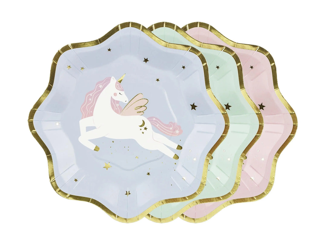 Unicorn Plates - Pastel Unicorn Paper Plates with Gold Rim - Blue, Pink & Green Party Plates - Unicorn Birthday Decorations - Pack Of 6 - Jolie Fete UK
