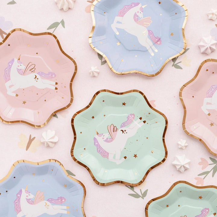 Unicorn Plates - Pastel Unicorn Paper Plates with Gold Rim - Blue, Pink & Green Party Plates - Unicorn Birthday Decorations - Pack Of 6 - Jolie Fete UK