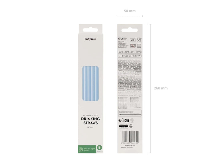 Pastel Blue Reusable Straws - Baby Blue Party Straws - Light Blue Birthday Party Tableware - Reusable Plastic Straws With Brush - Pack Of 12 - Jolie Fete UK