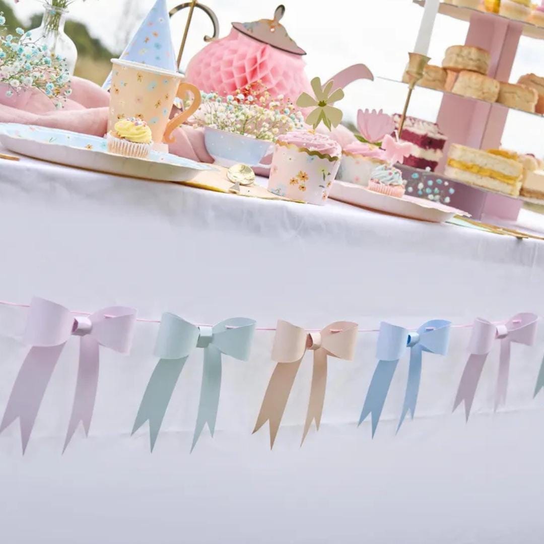 Pastel Bow Garland 2m - Coquette Tea Party Decorations - 3D Card Bow Bunting for Birthday, Hen Party, Baby Shower & Garden Party Decor - Jolie Fete UK