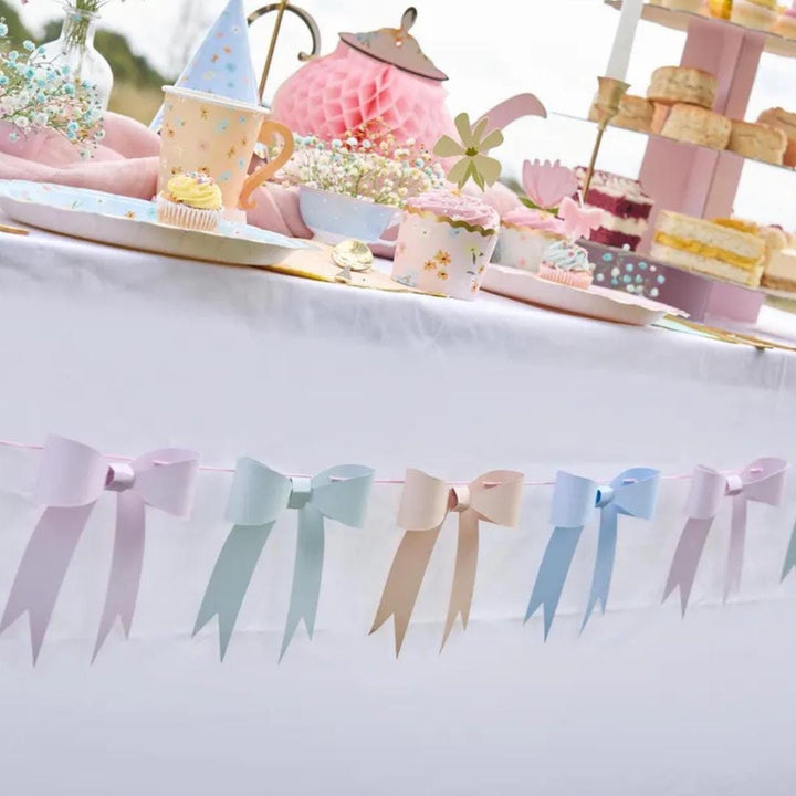 Pastel Bow Garland 2m - Coquette Tea Party Decorations - 3D Card Bow Bunting for Birthday, Hen Party, Baby Shower & Garden Party Decor - Jolie Fete UK