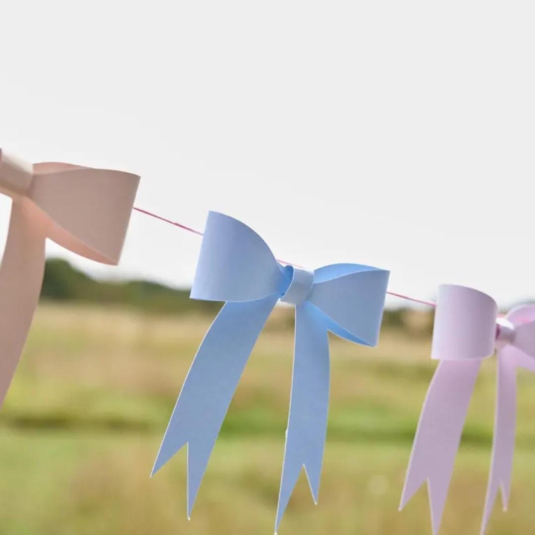 Pastel Bow Garland 2m - Coquette Tea Party Decorations - 3D Card Bow Bunting for Birthday, Hen Party, Baby Shower & Garden Party Decor - Jolie Fete UK