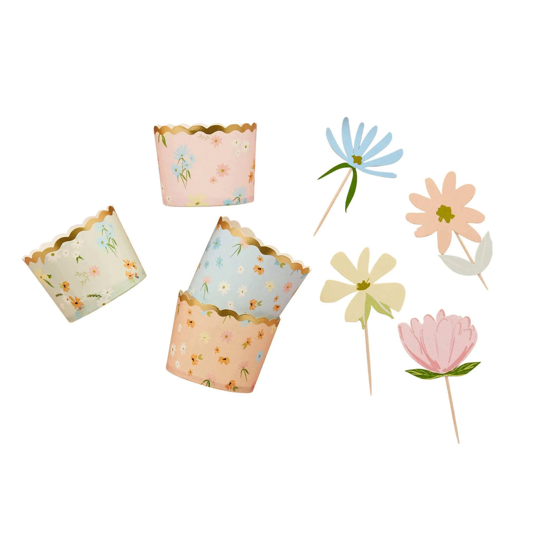 Floral Cupcake Set - Pastel Food Cups And Flower Cake Toppers - Gold Scalloped Edge - Hen Party, Baby Shower & Tea Party Decor - Pack Of 12 - Jolie Fete UK