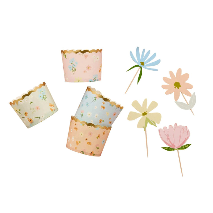 Floral Cupcake Set - Pastel Food Cups And Flower Cake Toppers - Gold Scalloped Edge - Hen Party, Baby Shower & Tea Party Decor - Pack Of 12 - Jolie Fete UK