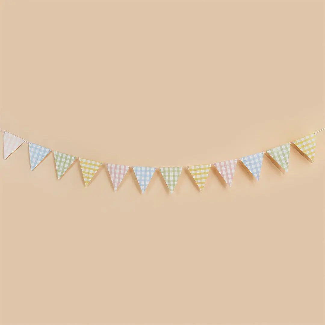 Pastel Gingham Bunting - Card Pennant Garland - Mixed Checkered Summer Party Decor - Garden BBQ, Hen Party, Baby Shower Decorations - 2.5m - Jolie Fete UK