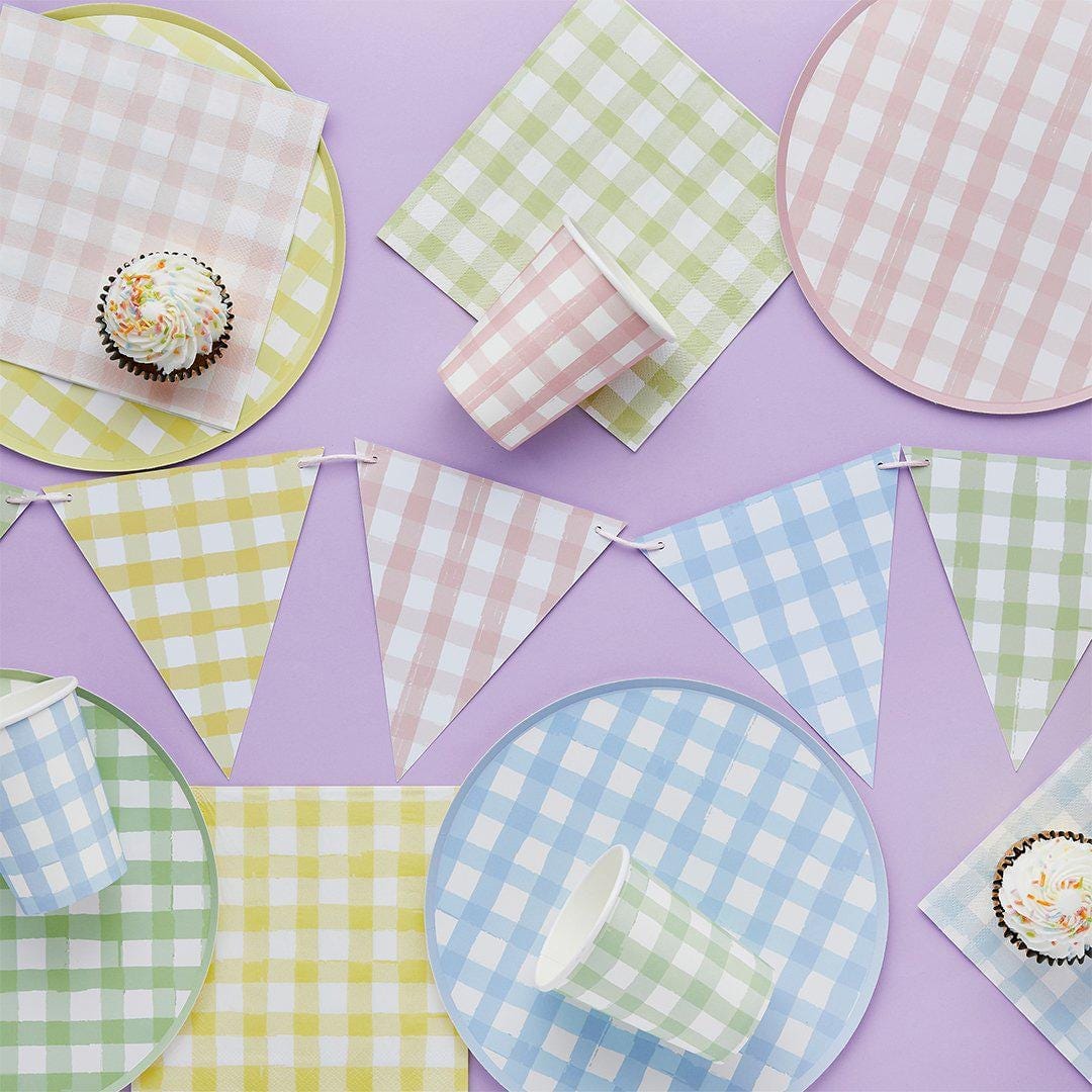 Pastel Gingham Bunting - Card Pennant Garland - Mixed Checkered Summer Party Decor - Garden BBQ, Hen Party, Baby Shower Decorations - 2.5m - Jolie Fete UK