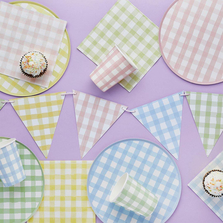 Pastel Gingham Bunting - Card Pennant Garland - Mixed Checkered Summer Party Decor - Garden BBQ, Hen Party, Baby Shower Decorations - 2.5m - Jolie Fete UK