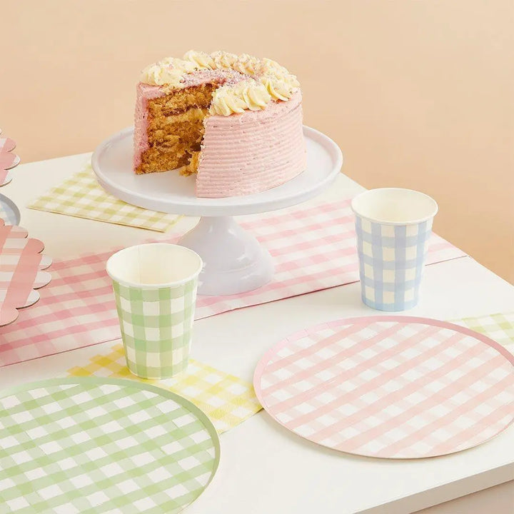 Pastel Gingham Paper Cups - Checkered Design - Summer Garden Party, Picnic BBQ, Hen Party Decor - Birthday Party Decor - 4 Colours-Pack Of 8 - Jolie Fete UK