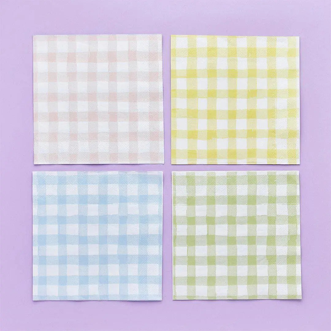 Pastel Gingham Paper Napkins - Checkered Design - Summer Garden Party, Picnic BBQ, Hen Party Decor -Birthday Party Decor-4 Colours-Pack Of 8 - Jolie Fete UK
