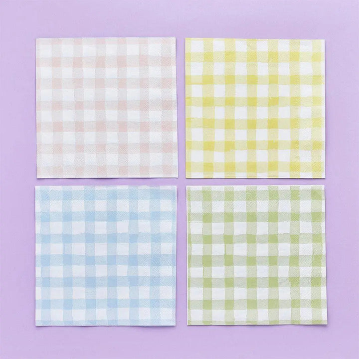 Pastel Gingham Paper Napkins - Checkered Design - Summer Garden Party, Picnic BBQ, Hen Party Decor -Birthday Party Decor-4 Colours-Pack Of 8 - Jolie Fete UK