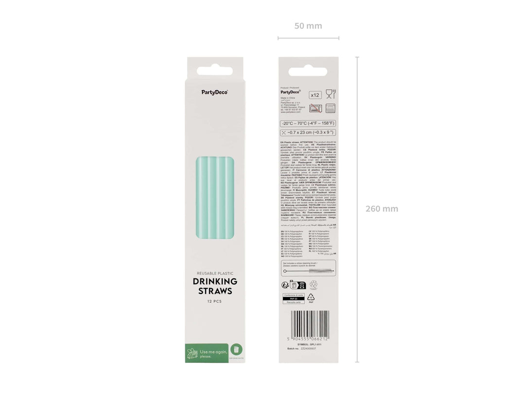 Pastel Green Reusable Straws - Mint Green Party Straws - Light Green Birthday Party Tableware -Reusable Plastic Straws With Brush-Pack Of 12 - Jolie Fete UK