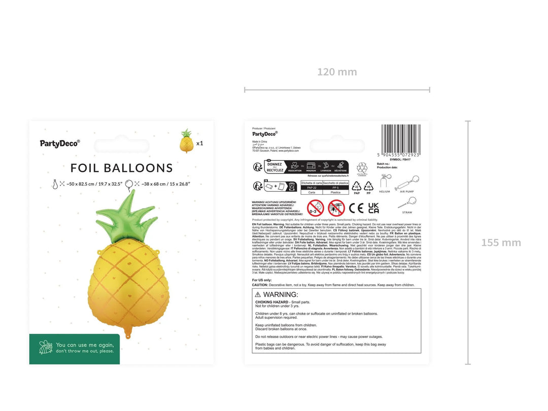 Pineapple Foil Balloon - Tropical Party Decor - 38x68cm Fruit Balloon - Summer Birthday Decoration - Luau Party Supplies - Tiki Party Decor - Jolie Fete UK