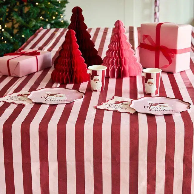 Pink & Red Stripe Paper Tablecloth - Disposable Table Cover - Birthday Party, Christmas Dinner Table Decoration - Striped Partyware - Jolie Fete UK