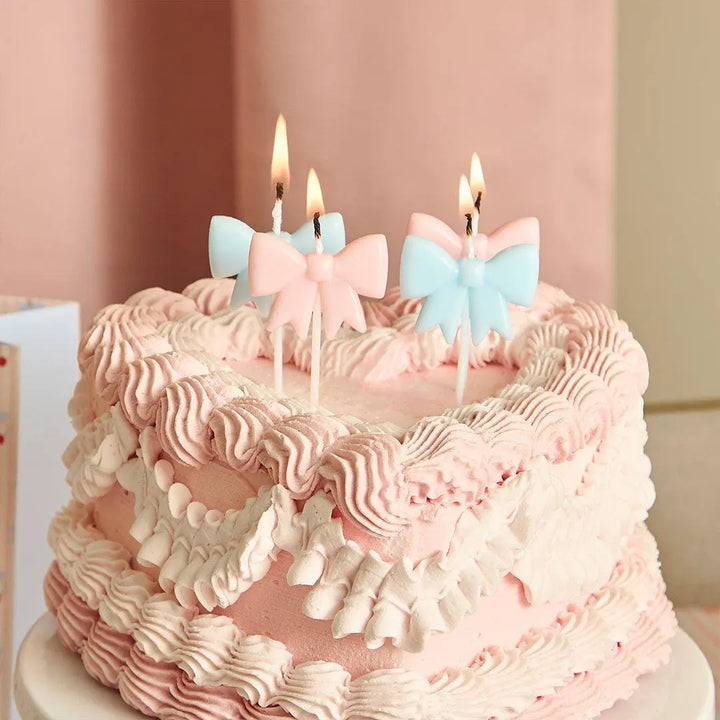 Bow Birthday Candles - Pink & Blue Vintage Bow Shape Cake Candles - Coquette Party Topper - Cute Pastel Wax Candles - Cake Toppers-Pack of 4 - Jolie Fete UK