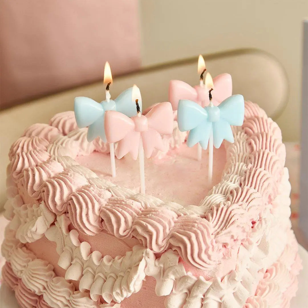 Bow Birthday Candles - Pink & Blue Vintage Bow Shape Cake Candles - Coquette Party Topper - Cute Pastel Wax Candles - Cake Toppers-Pack of 4 - Jolie Fete UK