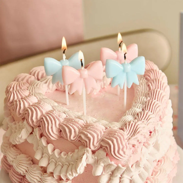 Bow Birthday Candles - Pink & Blue Vintage Bow Shape Cake Candles - Coquette Party Topper - Cute Pastel Wax Candles - Cake Toppers-Pack of 4 - Jolie Fete UK