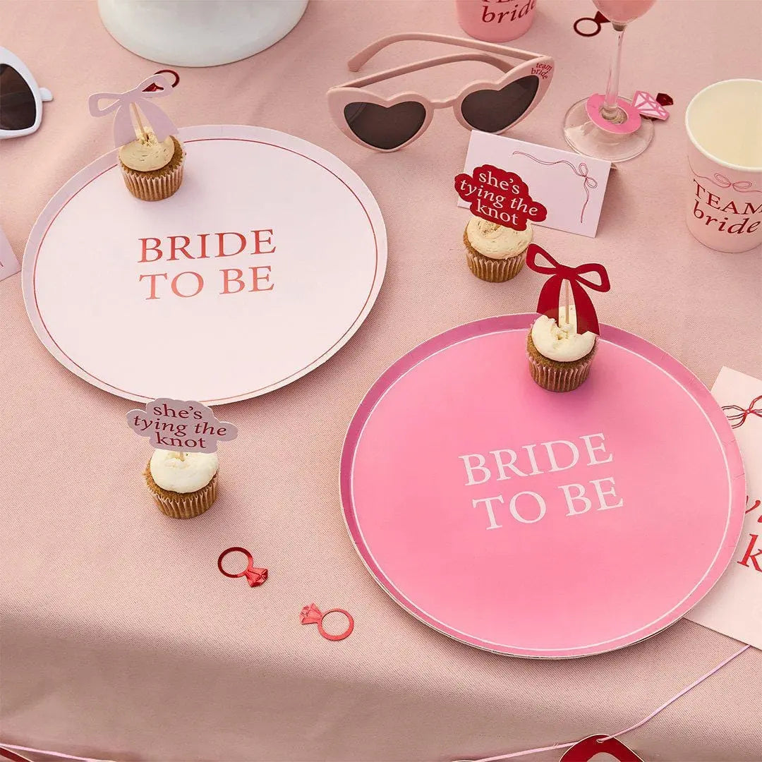 Pink & Red Bride To Be Paper Plates - She’s Tying The Knot Hen Party Theme - Coquette Hen Do - Two Designs-Bridal Shower Tableware-Pack of 8 - Jolie Fete UK