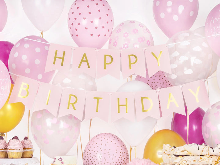 Happy Birthday Banner - Pink Birthday Party Bunting - Pastel Pink Garland - Girls Birthday Party Decorations - Pink & Gold Party Decor - DIY - Jolie Fete UK