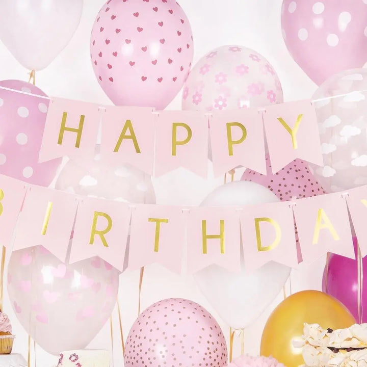 Happy Birthday Banner - Pink Birthday Party Bunting - Pastel Pink Garland - Girls Birthday Party Decorations - Pink & Gold Party Decor - DIY - Jolie Fete UK