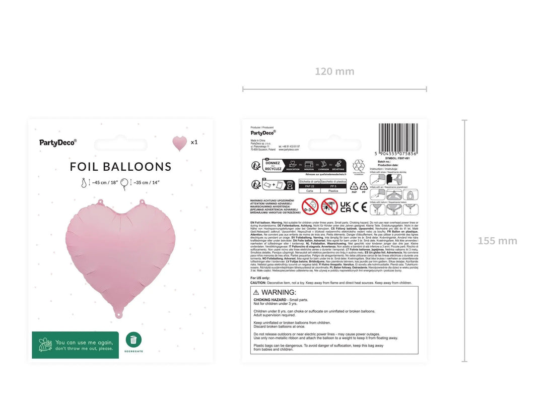 Pink Heart Foil Balloon 45cm - Pastel Pink Mylar Heart Balloon - Romantic Birthday Decor - Baby Shower - Anniversary Party Supplies - Jolie Fete UK