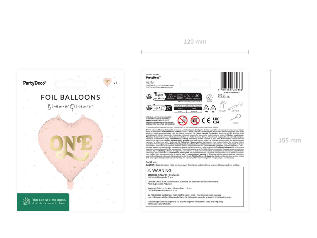 Pink Heart ONE Foil Balloon - Girls 1st Birthday Decoration - One Little Mouse Party Supplies - First Birthday Toddler Milestone Decor - Jolie Fete UK