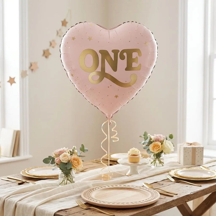 Pink Heart ONE Foil Balloon - Girls 1st Birthday Decoration - One Little Mouse Party Supplies - First Birthday Toddler Milestone Decor - Jolie Fete UK