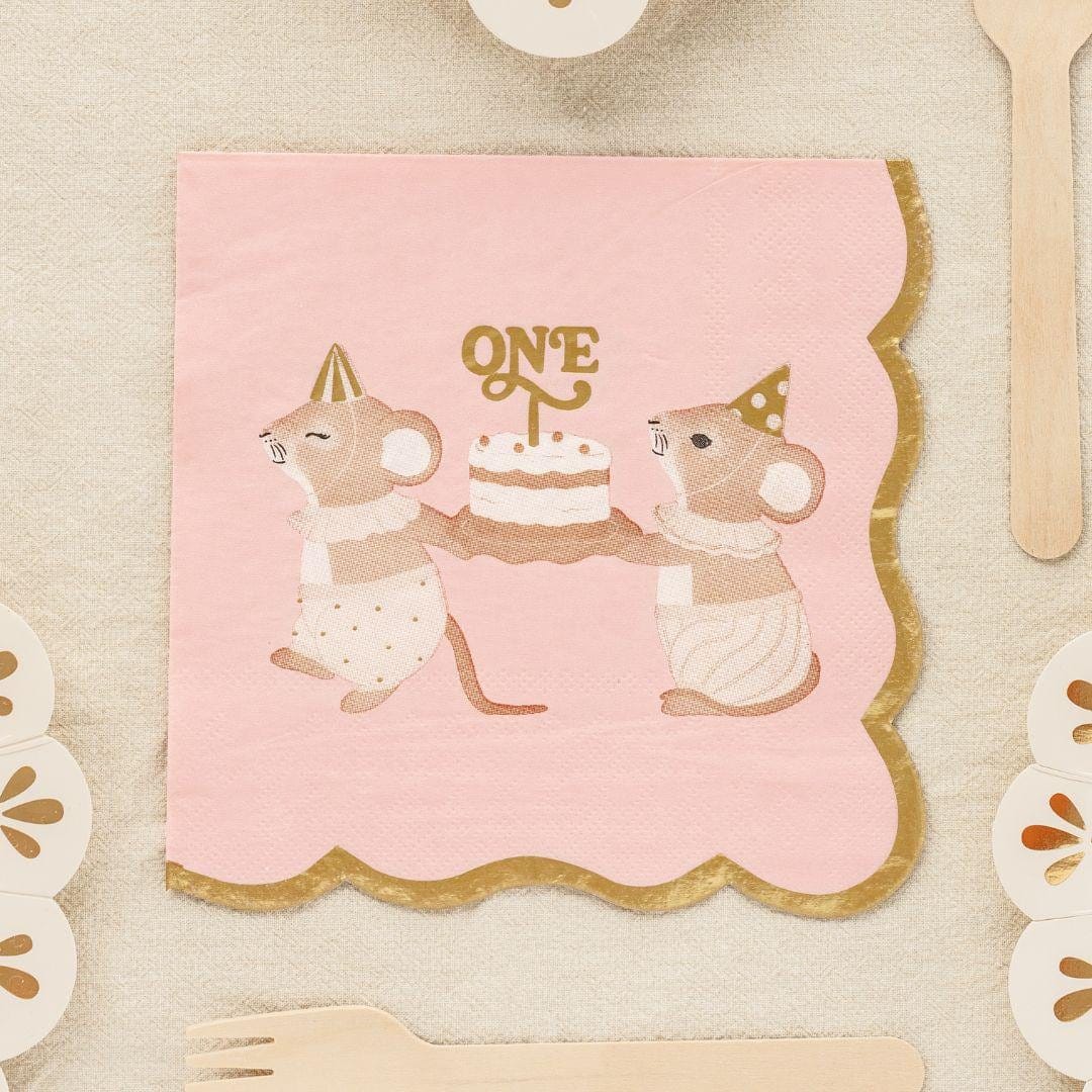 Pink One Mouse Paper Napkins - Girls 1st Birthday Party Tableware - Storybook Mice Luncheon Napkins - Neutral Toddler Decor - Pack Of 12 - Jolie Fete UK