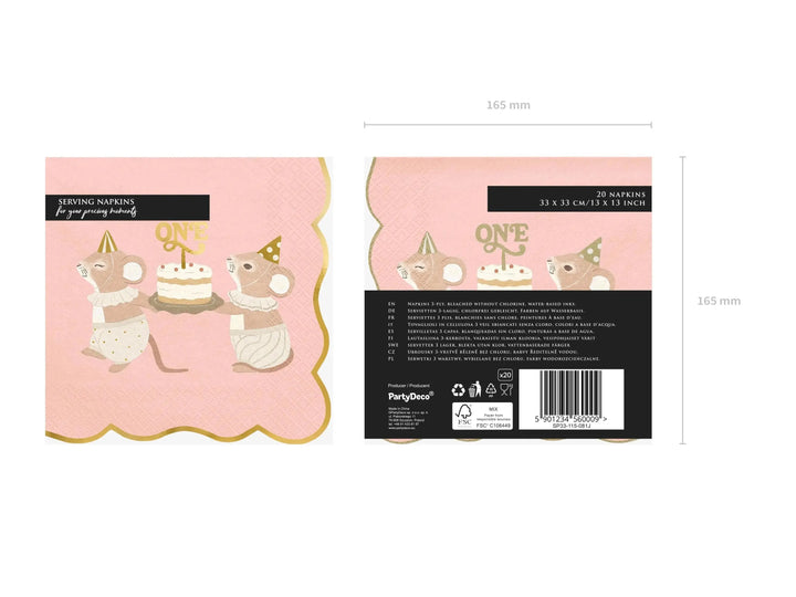 Pink One Mouse Paper Napkins - Girls 1st Birthday Party Tableware - Storybook Mice Luncheon Napkins - Neutral Toddler Decor - Pack Of 12 - Jolie Fete UK