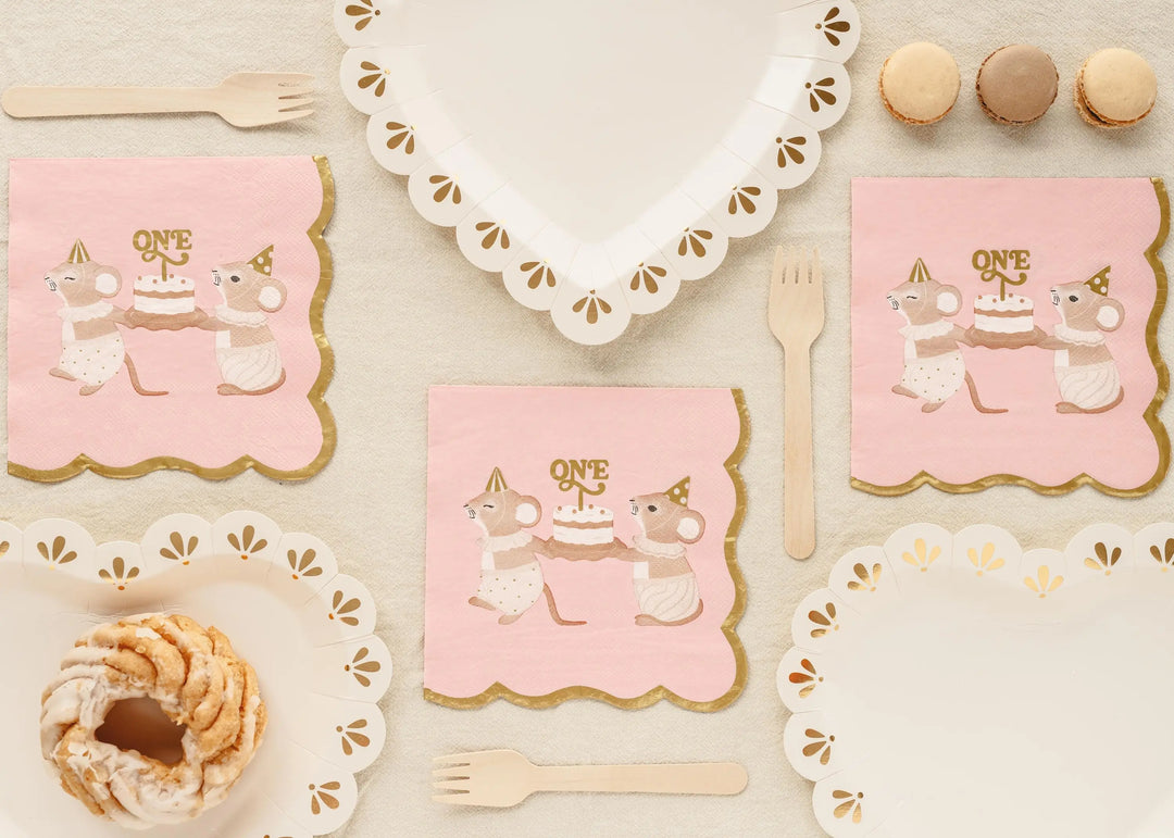 Pink One Mouse Paper Napkins - Girls 1st Birthday Party Tableware - Storybook Mice Luncheon Napkins - Neutral Toddler Decor - Pack Of 12 - Jolie Fete UK