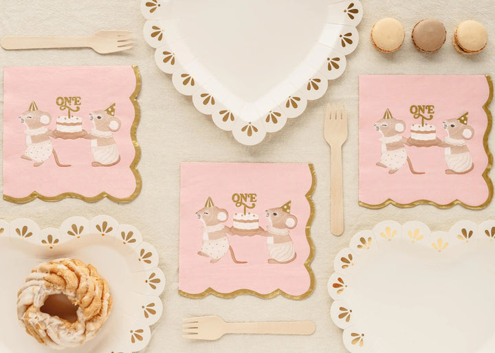 Pink One Mouse Paper Napkins - Girls 1st Birthday Party Tableware - Storybook Mice Luncheon Napkins - Neutral Toddler Decor - Pack Of 12 - Jolie Fete UK