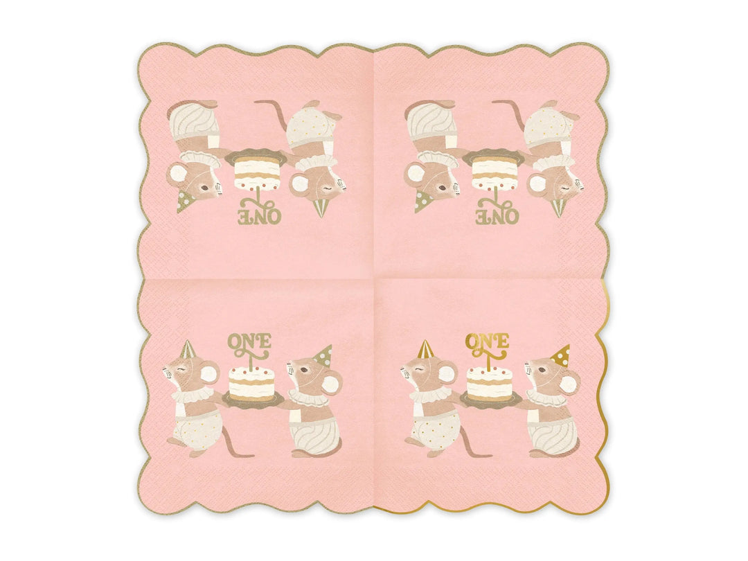 Pink One Mouse Paper Napkins - Girls 1st Birthday Party Tableware - Storybook Mice Luncheon Napkins - Neutral Toddler Decor - Pack Of 12 - Jolie Fete UK