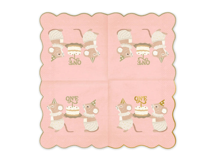 Pink One Mouse Paper Napkins - Girls 1st Birthday Party Tableware - Storybook Mice Luncheon Napkins - Neutral Toddler Decor - Pack Of 12 - Jolie Fete UK