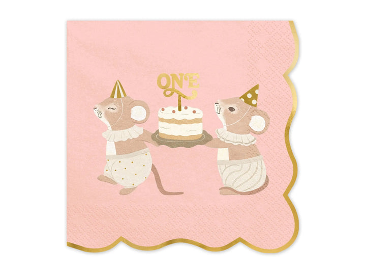 Pink One Mouse Paper Napkins - Girls 1st Birthday Party Tableware - Storybook Mice Luncheon Napkins - Neutral Toddler Decor - Pack Of 12 - Jolie Fete UK