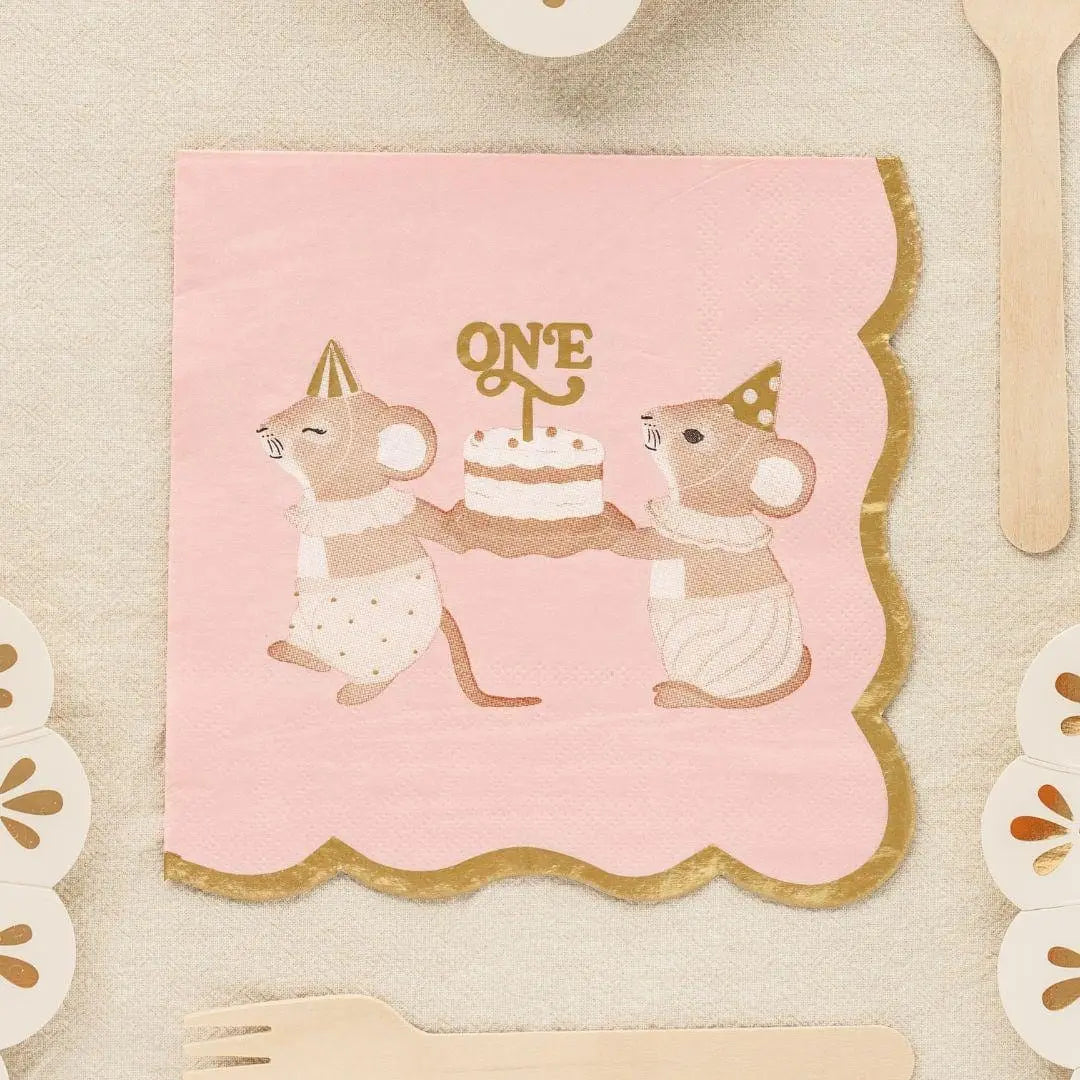 Pink One Mouse Paper Napkins - Girls 1st Birthday Party Tableware - Storybook Mice Luncheon Napkins - Neutral Toddler Decor - Pack Of 12 - Jolie Fete UK