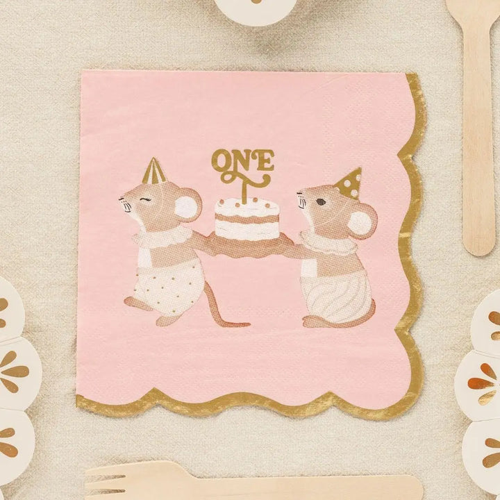 Pink One Mouse Paper Napkins - Girls 1st Birthday Party Tableware - Storybook Mice Luncheon Napkins - Neutral Toddler Decor - Pack Of 12 - Jolie Fete UK