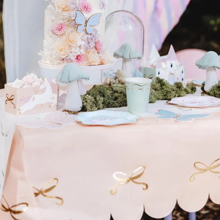 Pink Paper Tablecloth - Pastel Pink Party Supplies - Gold Bows - Unicorn Birthday Party Decorations - Coquette Theme - Princess -180 x 120cm - Jolie Fete UK