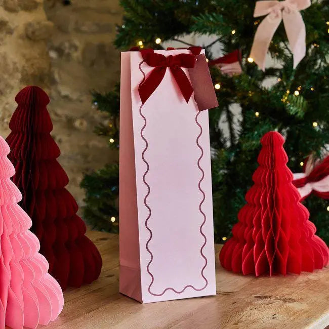 Pink & Red Velvet Bow Wine Bottle Bag - Champagne Gift Bag - Bubbly Bottle Cover - Birthday, Christmas Gift Wrap - Party Favour Bag - Jolie Fete UK